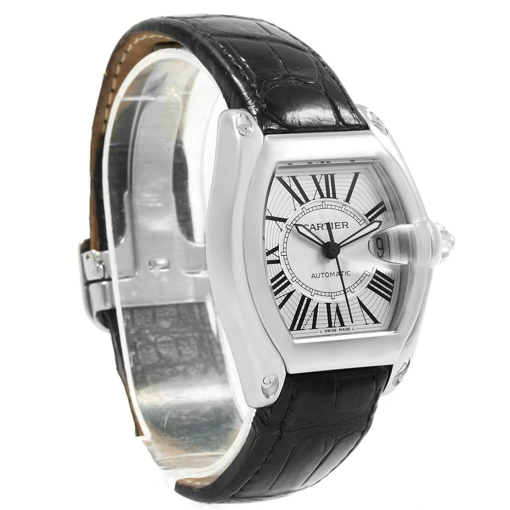 This image shows a Cartier Roadster W62025V3 Men
s Stainless Steel Silver Dial W62025V3 Men
s Stainless Steel Silver Dial watch, angled from the front-left, displaying its face, bezel, and black leather strap.