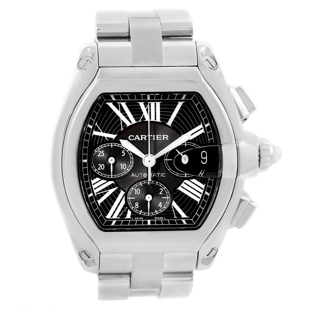 The Cartier Roadster W62020X6 Men's Stainless Steel Black Dial W62020X6 Men's Stainless Steel Black Dial watch is shown from a front view, displaying its dial, case, and part of the bracelet.