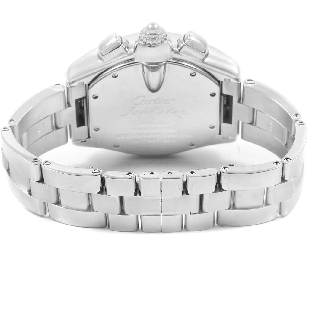 The image shows the back case and bracelet of a Cartier Roadster W62020X6 Men's Stainless Steel Black Dial W62020X6 Men's Stainless Steel Black Dial watch, viewed from the rear angle.