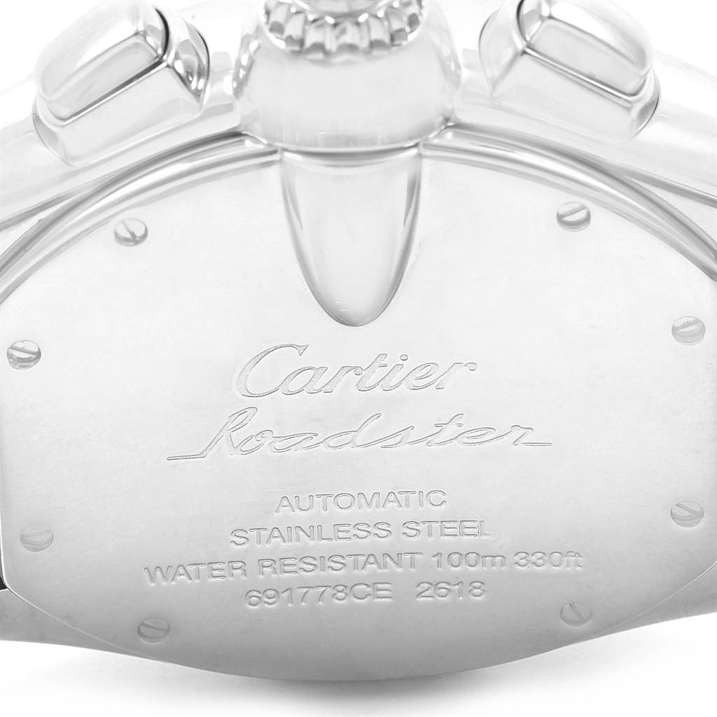 The image shows the back cover of a Cartier Roadster W62020X6 Men's Stainless Steel Black Dial W62020X6 Men's Stainless Steel Black Dial watch, highlighting its branding and specifications.