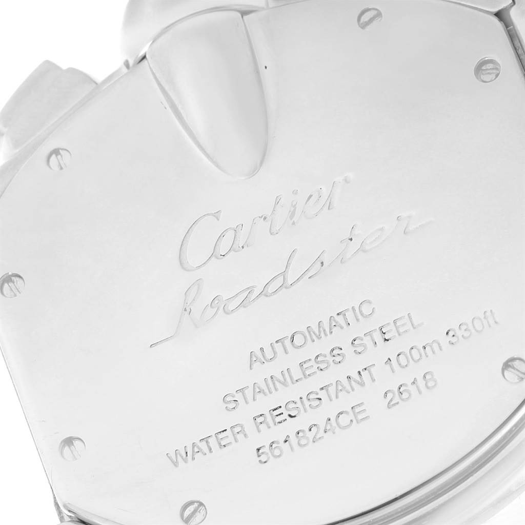The image shows the engraved stainless steel back of a Cartier Roadster W62019X6 Men's Stainless Steel Silver Dial W62019X6 Men's Stainless Steel Silver Dial watch, highlighting its automatic movement and water resistance.