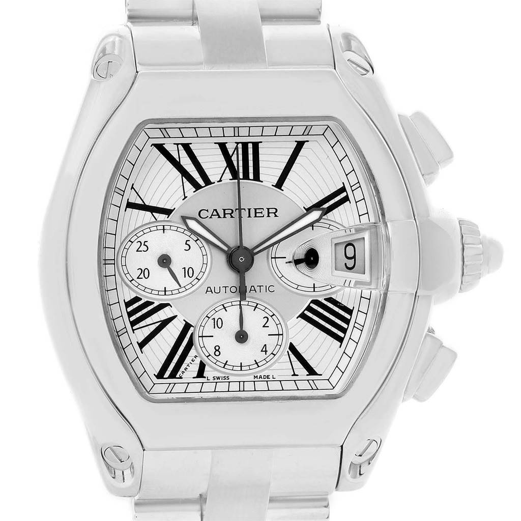 This image shows a front view of a Cartier Roadster W62019X6 Men's Stainless Steel Silver Dial W62019X6 Men's Stainless Steel Silver Dial watch, highlighting its dial, crown, chronographs, and date window.