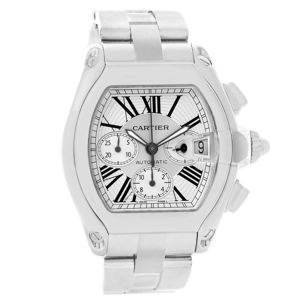 The Cartier Roadster W62019X6 Men's Stainless Steel Silver Dial W62019X6 Men's Stainless Steel Silver Dial watch is shown from a front angle, showcasing its dial, bezel, crown, and part of the bracelet.