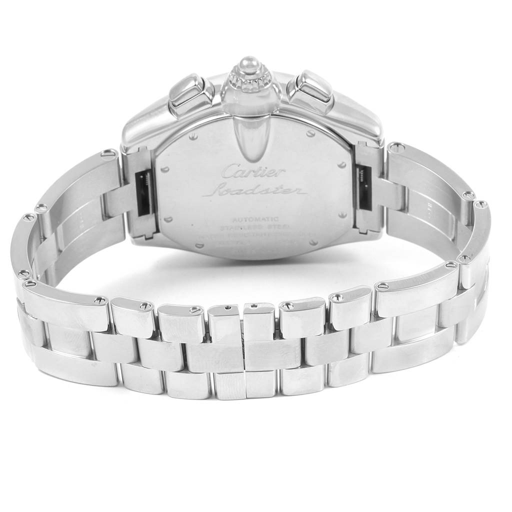 The image shows the back and bracelet of a Cartier Roadster W62019X6 Men
s Stainless Steel Silver Dial W62019X6 Men
s Stainless Steel Silver Dial watch.