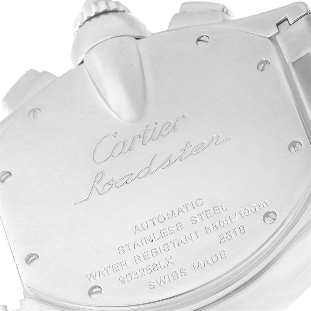 The image shows the back case of a Cartier Roadster W62019X6 Men
s Stainless Steel Silver Dial W62019X6 Men
s Stainless Steel Silver Dial watch, including branding, material, and water resistance details.