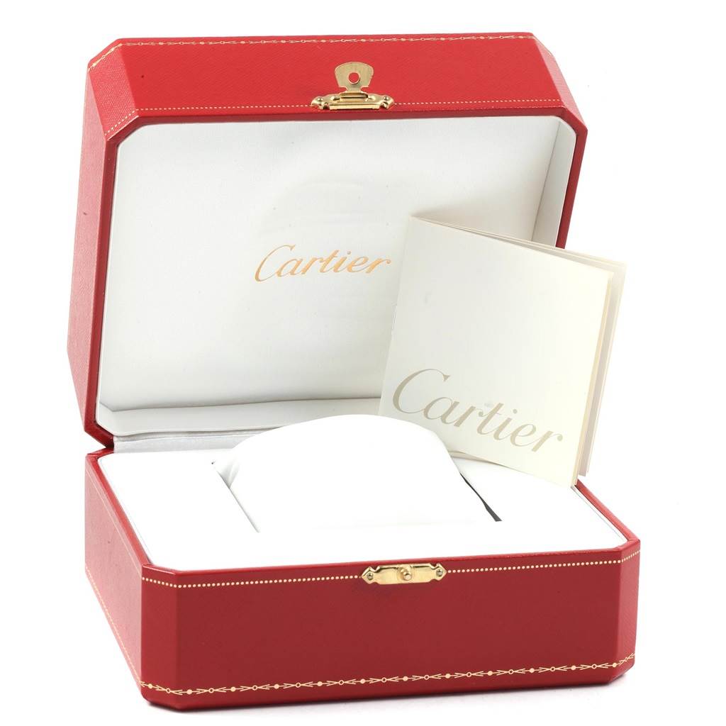 The image shows an open Cartier Roadster W62019X6 Men
s Stainless Steel Silver Dial W62019X6 Men
s Stainless Steel Silver Dial watch box and a booklet, viewed from the front.