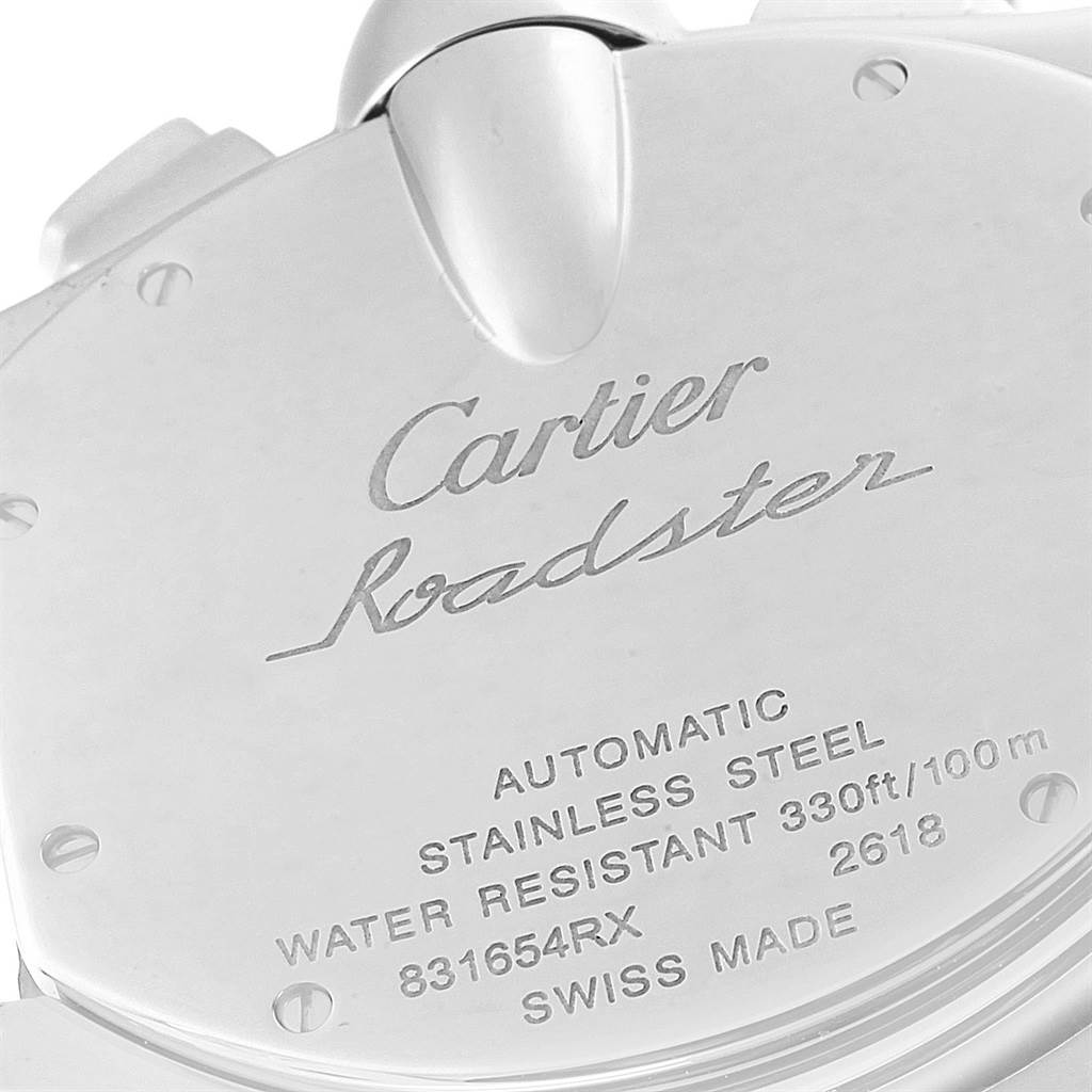 The image shows the back case of a Cartier Roadster W62019X6 Men
s Stainless Steel Silver Dial W62019X6 Men
s Stainless Steel Silver Dial watch, displaying its model details and specifications.
