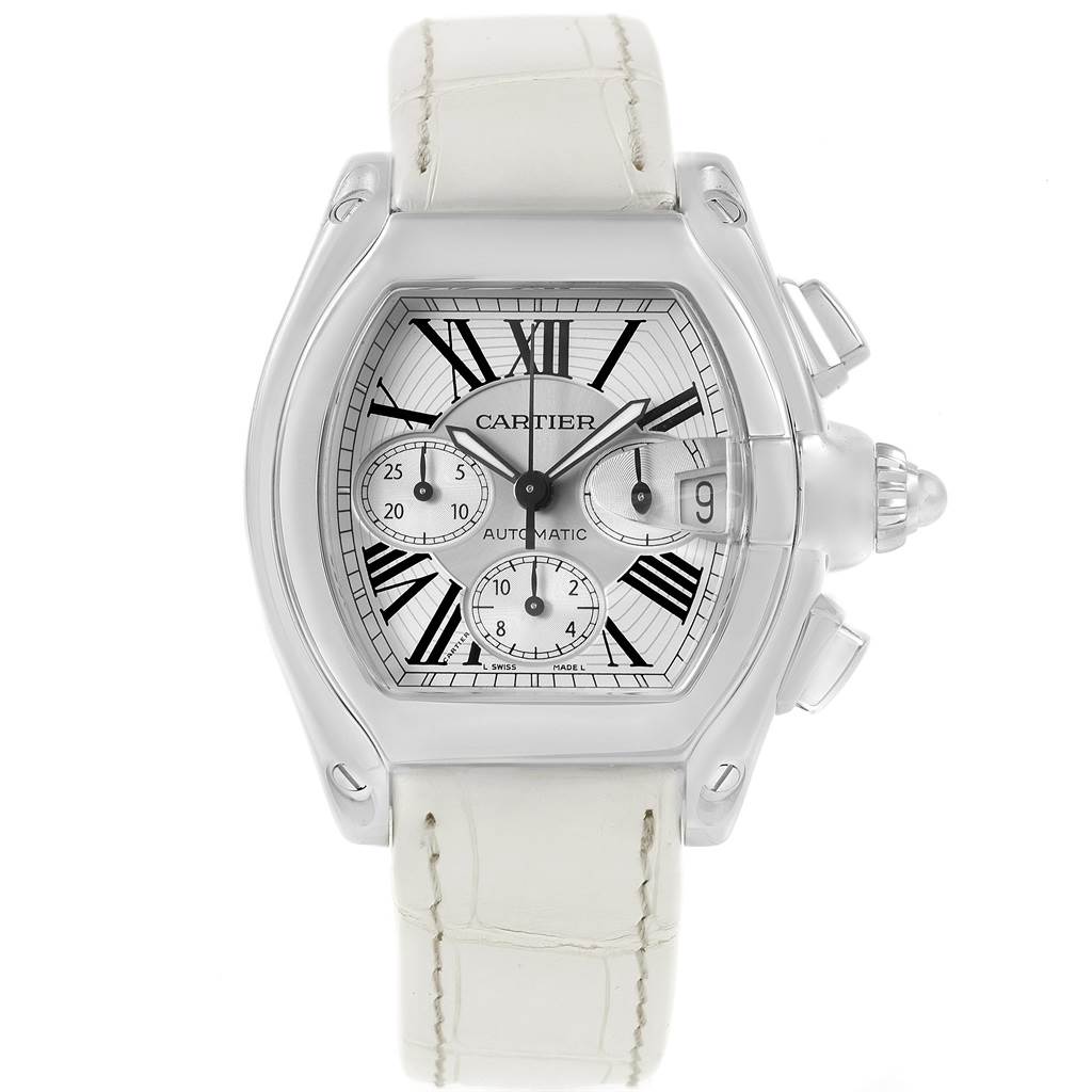 This image shows a front view of the Cartier Roadster W62019X6 Men
s Stainless Steel Silver Dial W62019X6 Men
s Stainless Steel Silver Dial watch, highlighting its dial, case, and white strap.