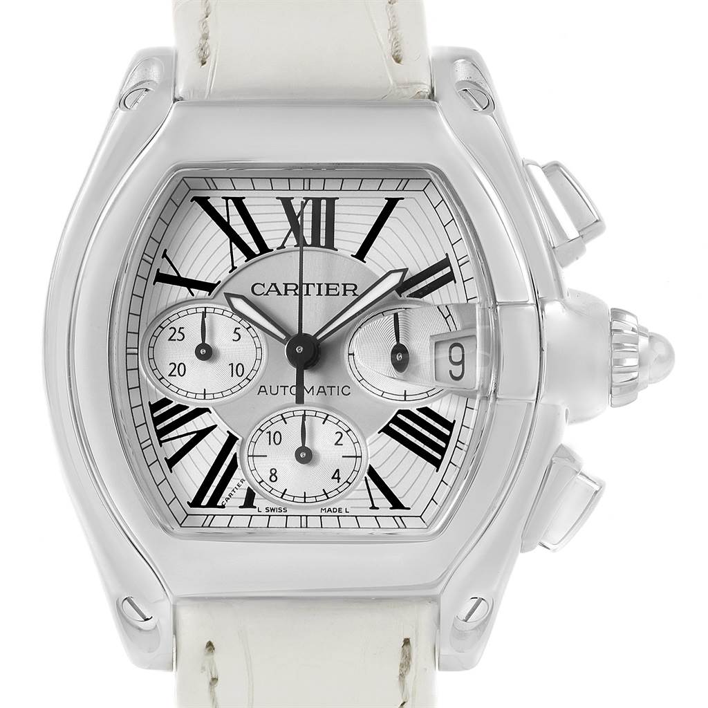 The image shows a front view of a Cartier Roadster W62019X6 Men
s Stainless Steel Silver Dial W62019X6 Men
s Stainless Steel Silver Dial watch, displaying its face, dial, and pushers.