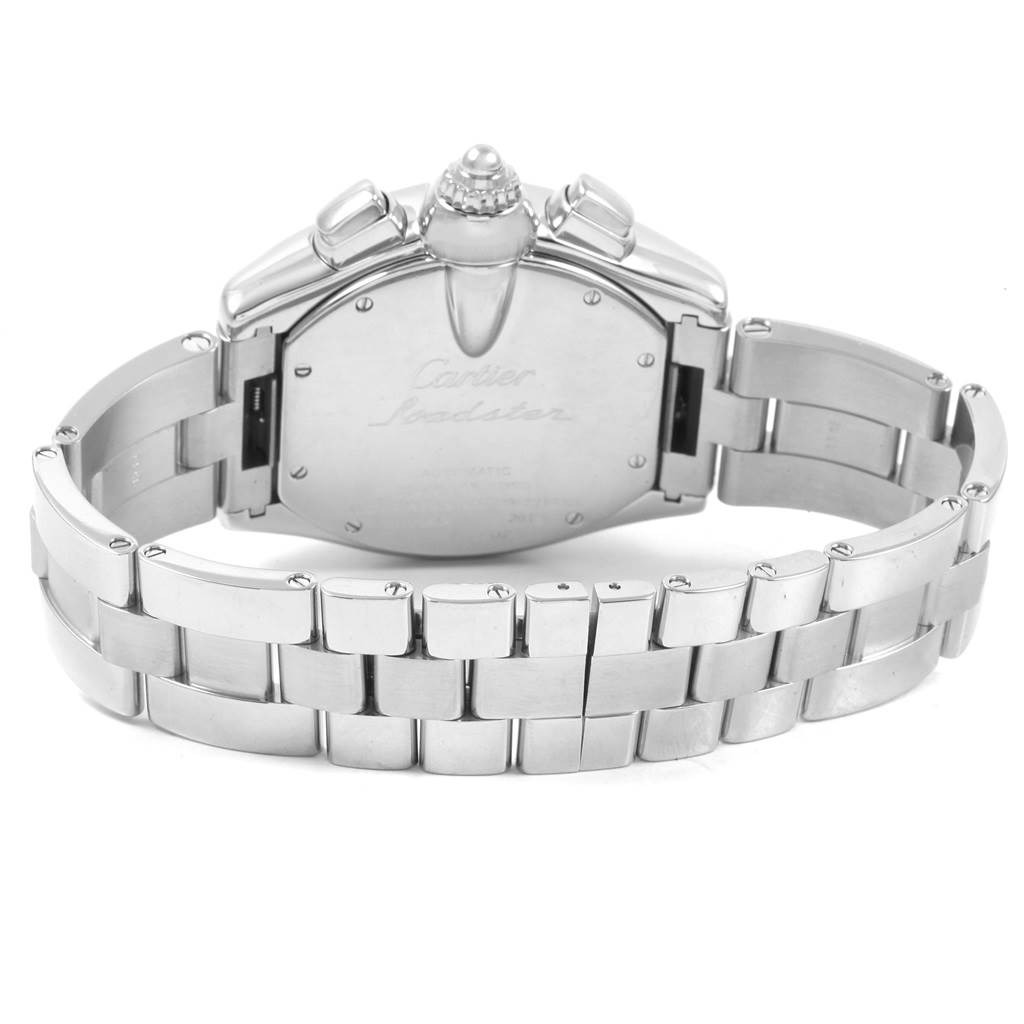 The image shows a Cartier Roadster W62020X6 Men
s Stainless Steel Black Dial W62020X6 Men
s Stainless Steel Black Dial watch from the back, highlighting the case back and stainless steel bracelet.