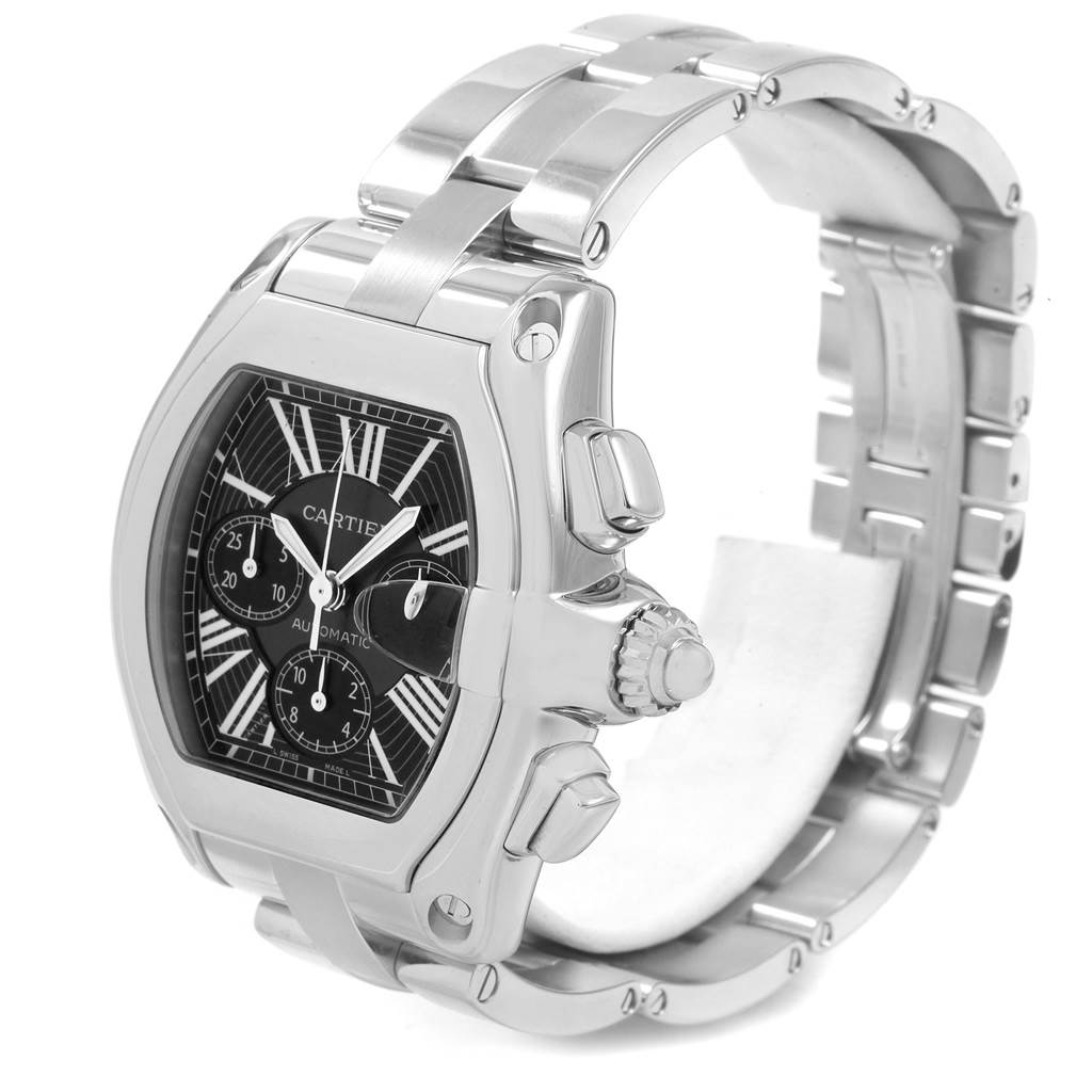 This image showcases a Cartier Roadster W62020X6 Men
s Stainless Steel Black Dial W62020X6 Men
s Stainless Steel Black Dial watch, focusing on its stainless steel case, dial, crown, and bracelet from a frontal and side angle.