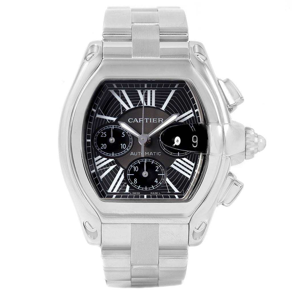 The image shows a front view of a Cartier Roadster W62020X6 Men
s Stainless Steel Black Dial W62020X6 Men
s Stainless Steel Black Dial watch, highlighting its dial, case, and metal bracelet.