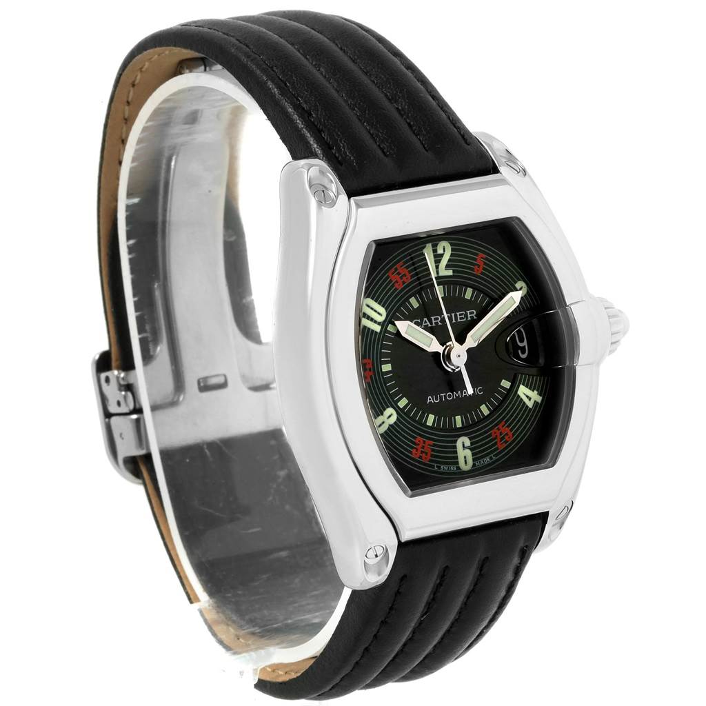 The Cartier Roadster W62002V3 Men
s Stainless Steel Black Dial W62002V3 Men
s Stainless Steel Black Dial watch is shown from a front-side angle, displaying its face, case, and black leather strap.