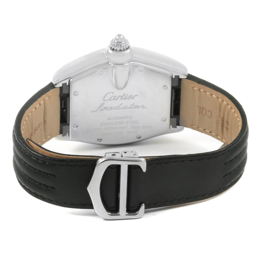 The image shows the back view of a Cartier Roadster W62002V3 Men
s Stainless Steel Black Dial W62002V3 Men
s Stainless Steel Black Dial watch, displaying the back case and black leather strap with a buckle.