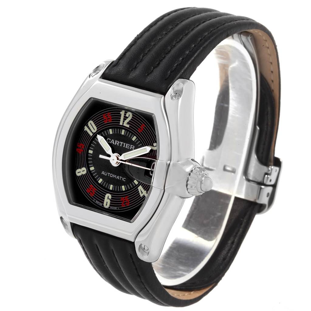 The Cartier Roadster W62002V3 Men
s Stainless Steel Black Dial W62002V3 Men
s Stainless Steel Black Dial watch is shown at a three-quarter angle, highlighting its dial, case, crown, and leather strap.