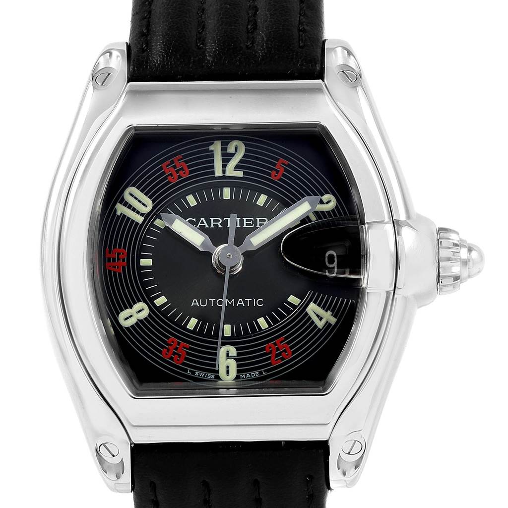 The image shows a Cartier Roadster W62002V3 Men
s Stainless Steel Black Dial W62002V3 Men
s Stainless Steel Black Dial watch viewed from the front, highlighting its dial, case, and part of the black leather strap.