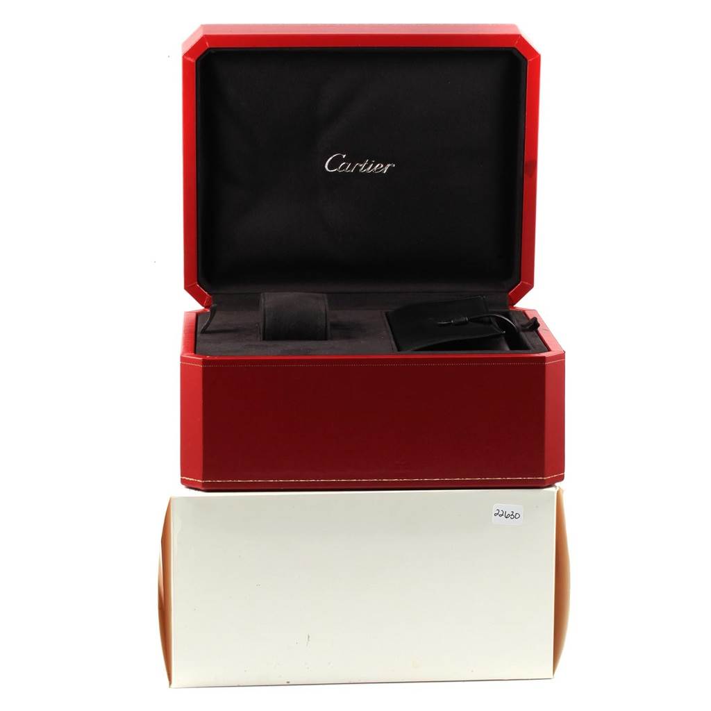The image shows a red Cartier box and an outer white box for the Roadster model watch.