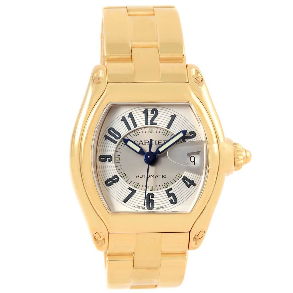 The image shows a front view of a Cartier Roadster W62005V1 Men's Yellow Gold Silver Dial W62005V1 Men's Yellow Gold Silver Dial watch, highlighting the dial, bracelet, and crown.