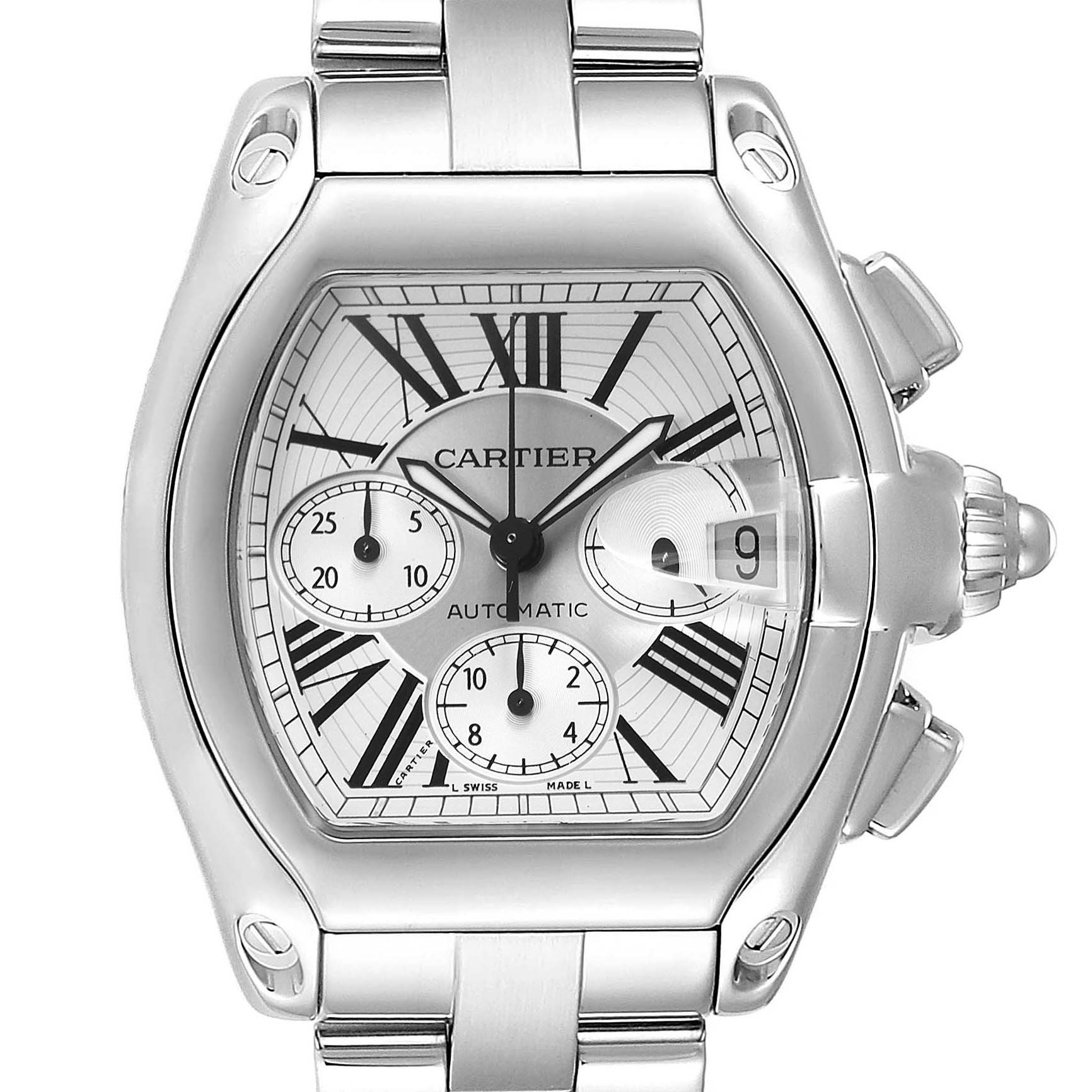 The image shows a front view of the Cartier Roadster W62019X6 Men's Stainless Steel Silver Dial W62019X6 Men's Stainless Steel Silver Dial watch, focusing on its face, bezel, crown, and part of the bracelet.