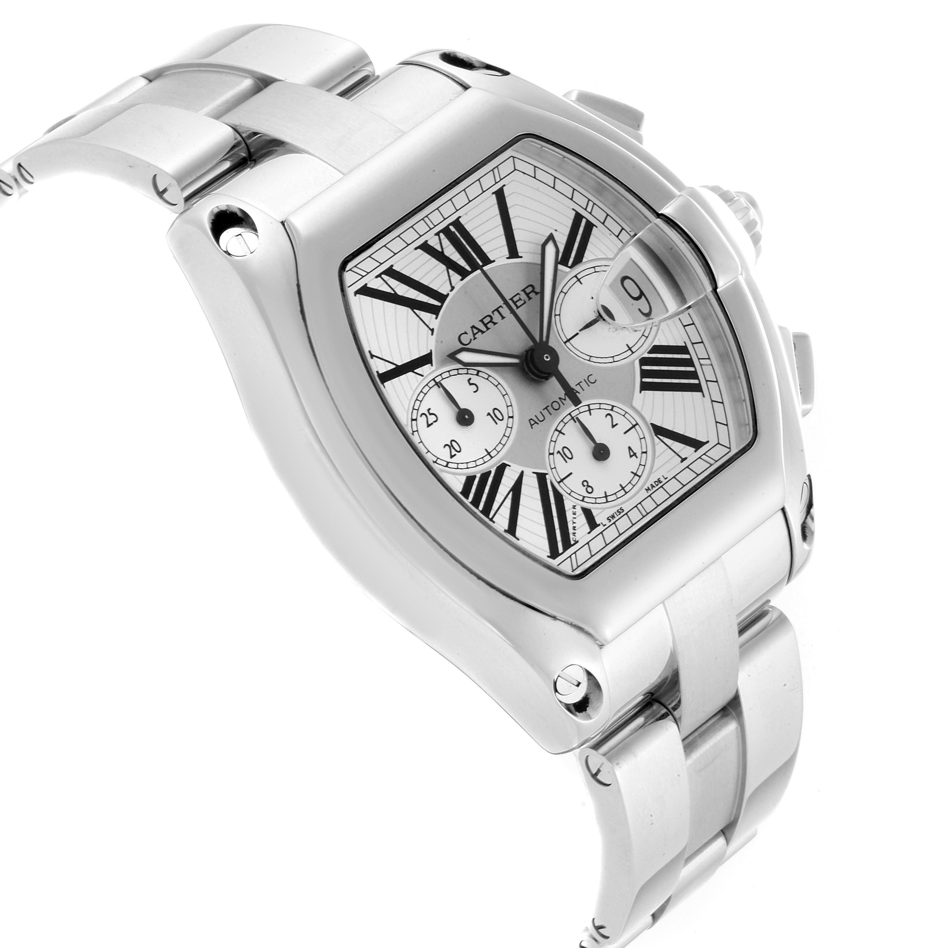 This image shows a side angle view of a Cartier Roadster W62019X6 Men's Stainless Steel Silver Dial W62019X6 Men's Stainless Steel Silver Dial watch, highlighting the dial, bezel, and part of the bracelet.
