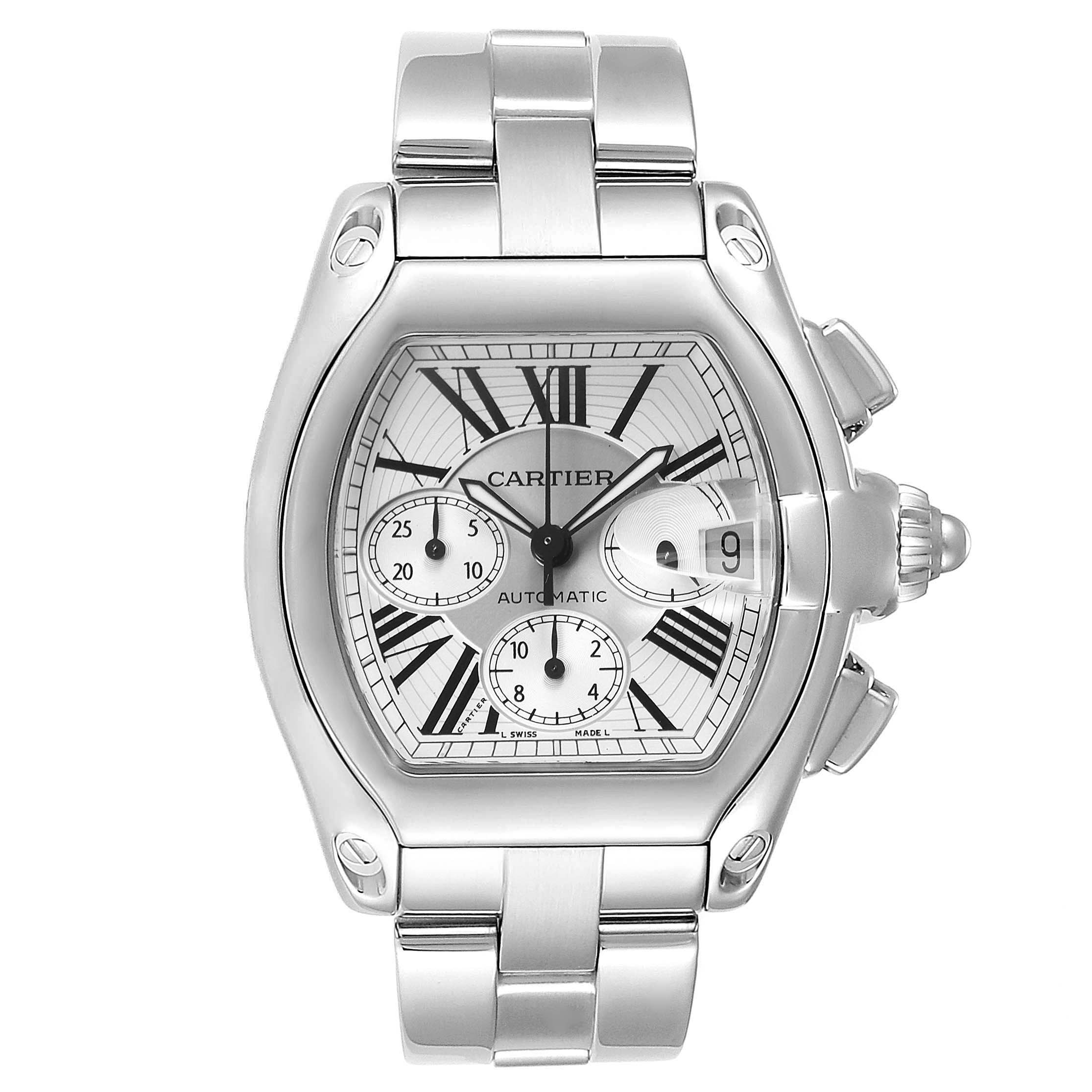 The Cartier Roadster W62019X6 Men's Stainless Steel Silver Dial W62019X6 Men's Stainless Steel Silver Dial watch is shown from a top-down angle, displaying its face, bezel, and metal bracelet.