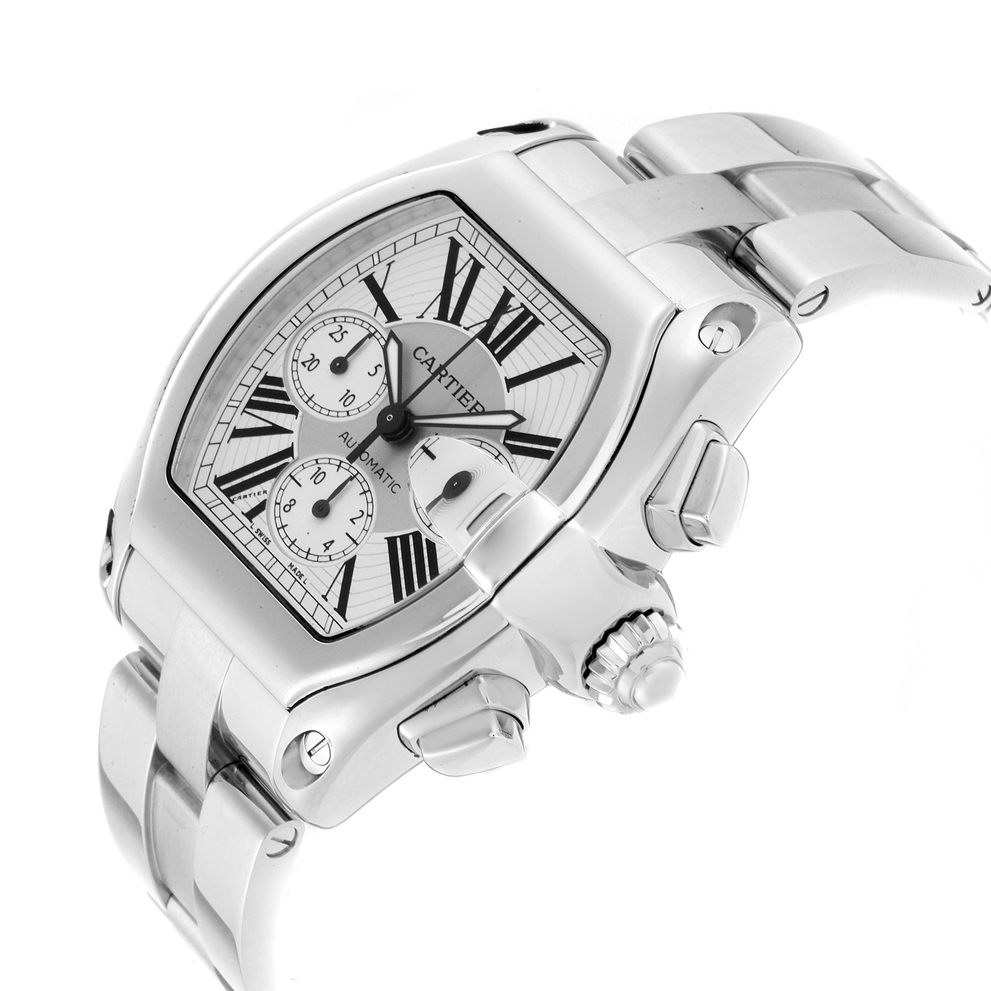 The image shows a side angle view of a Cartier Roadster W62019X6 Men's Stainless Steel Silver Dial W62019X6 Men's Stainless Steel Silver Dial watch, displaying its face, crown, and part of the bracelet.