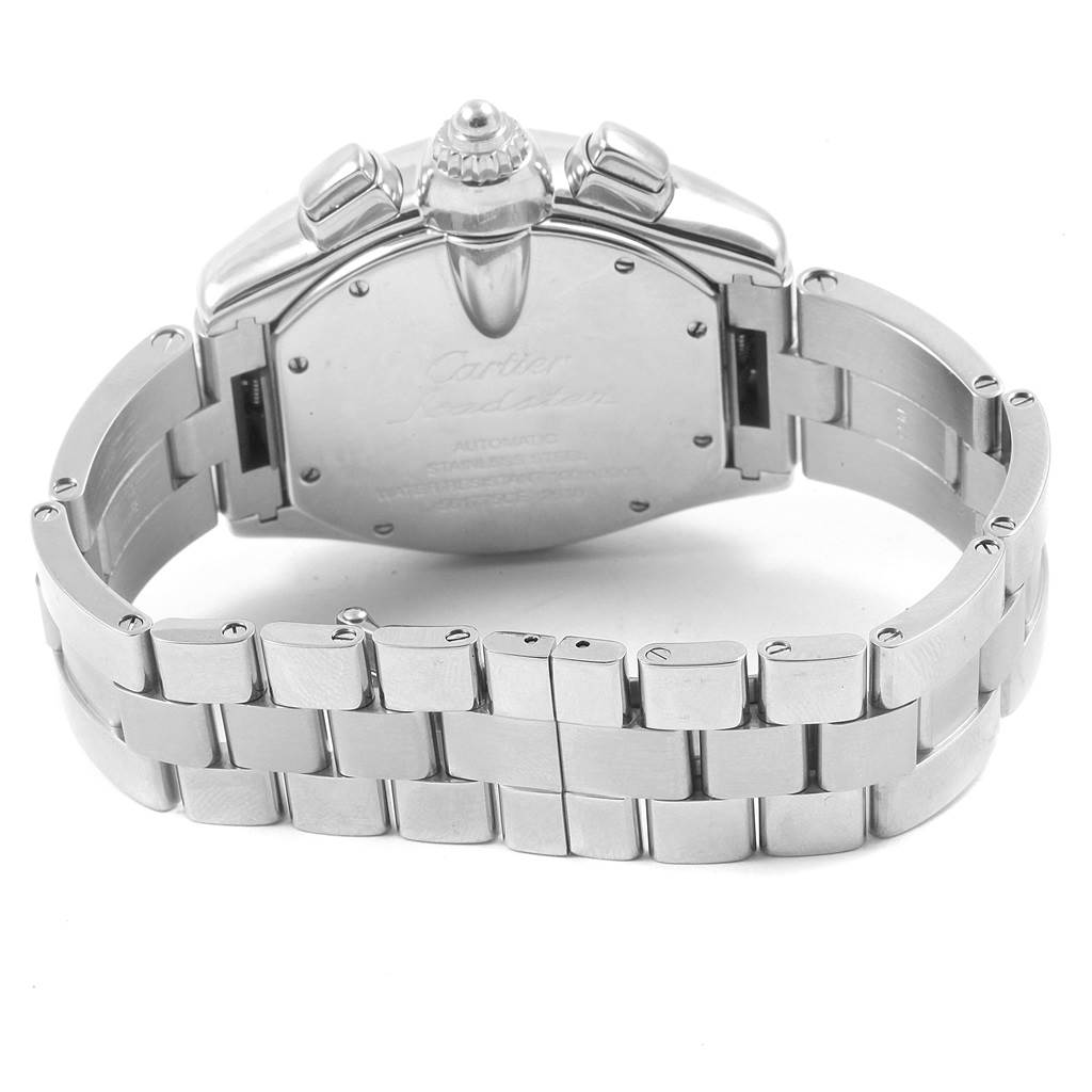 The image shows the back view of a Cartier Roadster W62019X6 Men's Stainless Steel Silver Dial W62019X6 Men's Stainless Steel Silver Dial watch, highlighting its bracelet and case back.