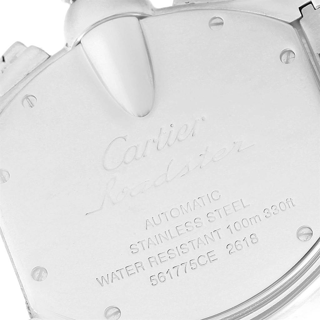 The image shows the back case of the Cartier Roadster W62019X6 Men's Stainless Steel Silver Dial W62019X6 Men's Stainless Steel Silver Dial watch, highlighting its specifications.