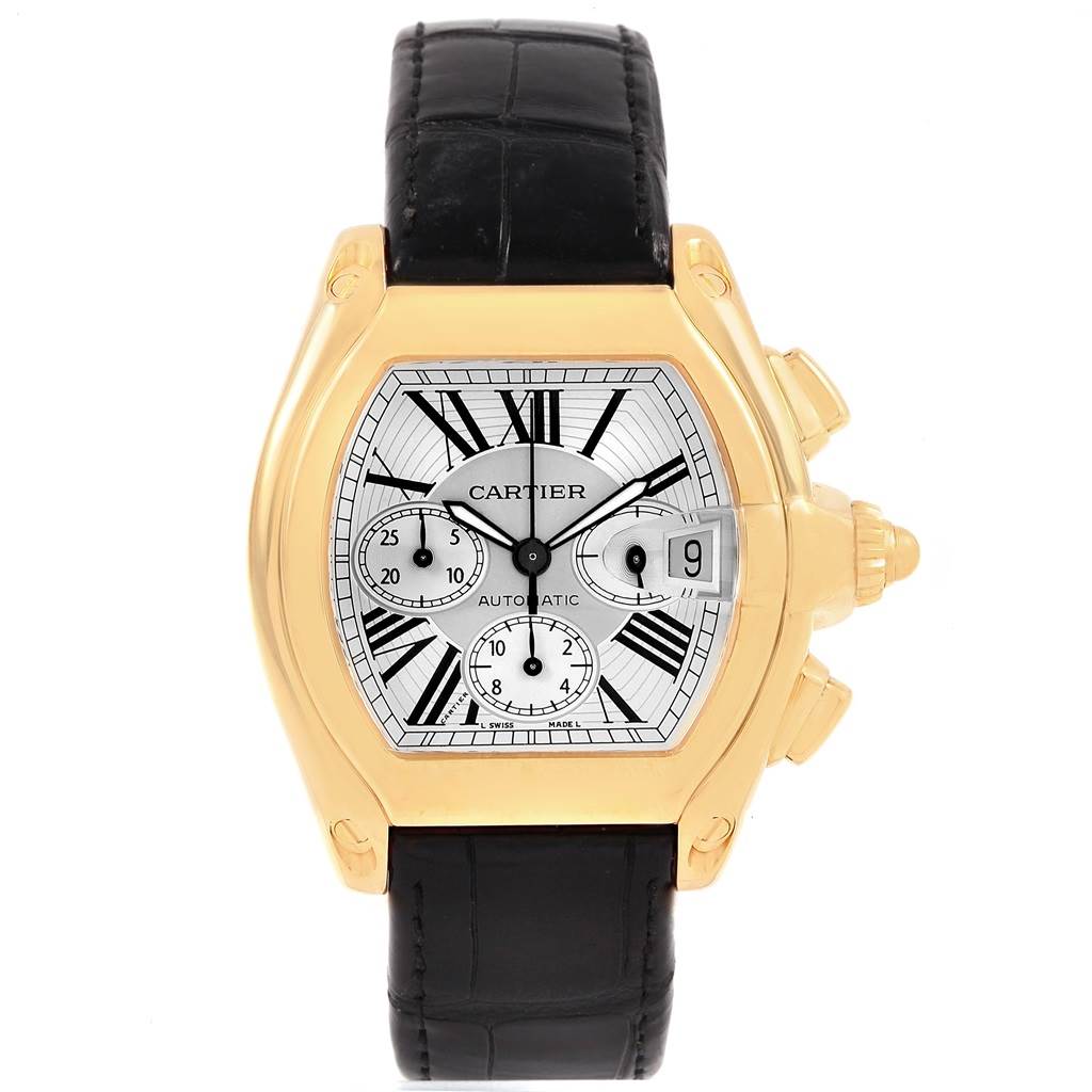 The image shows a front view of the Cartier Roadster W62021Y3 Men's Yellow Gold Silver Dial W62021Y3 Men's Yellow Gold Silver Dial watch, highlighting the dial, case, crown, and strap.