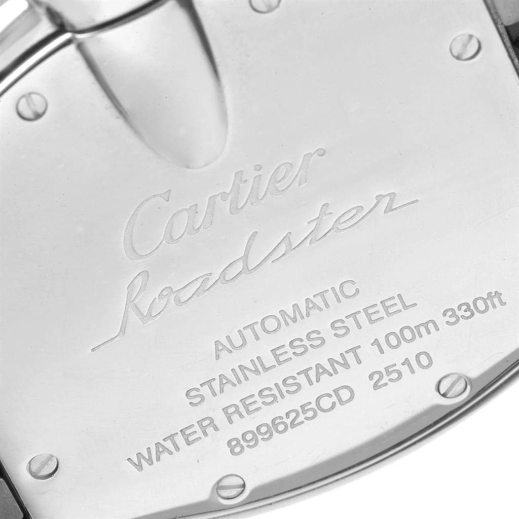 This image shows a close-up of the back case of a Cartier Roadster W62002V3 Men's Stainless Steel Black Dial W62002V3 Men's Stainless Steel Black Dial watch, displaying the brand, model, and specifications.
