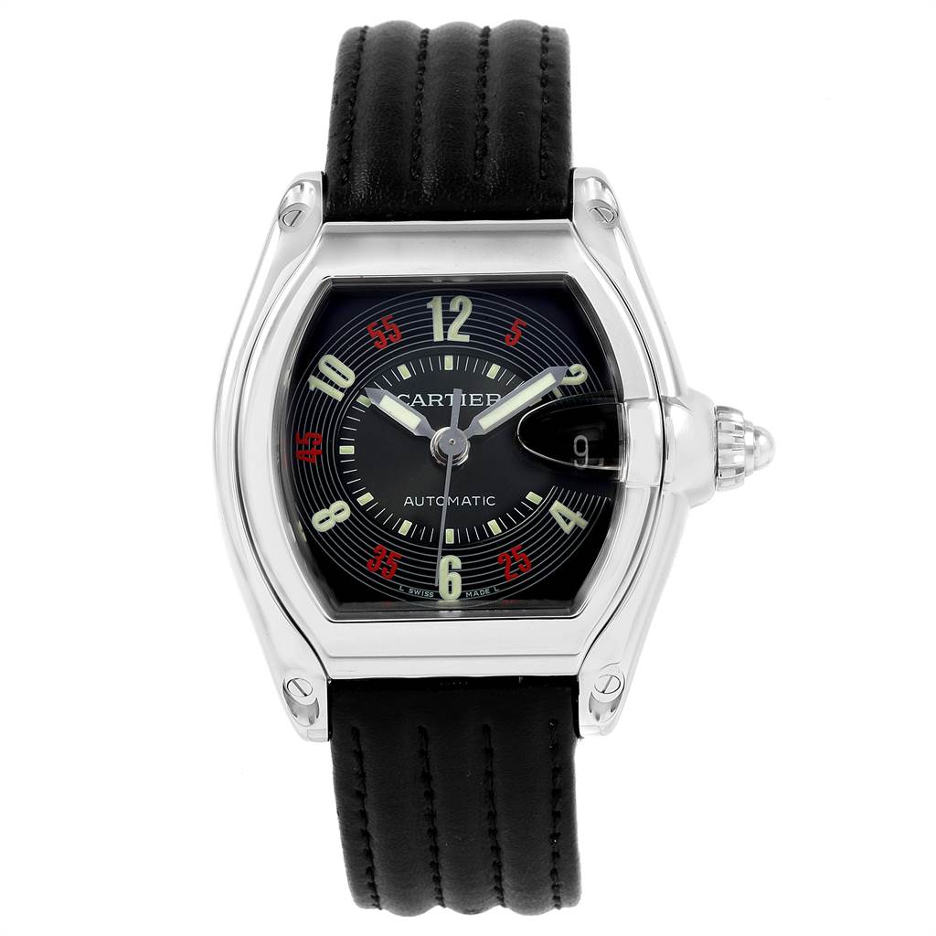 The Cartier Roadster W62002V3 Men's Stainless Steel Black Dial W62002V3 Men's Stainless Steel Black Dial watch is shown in a front-facing angle, displaying its dial, case, and black leather strap.