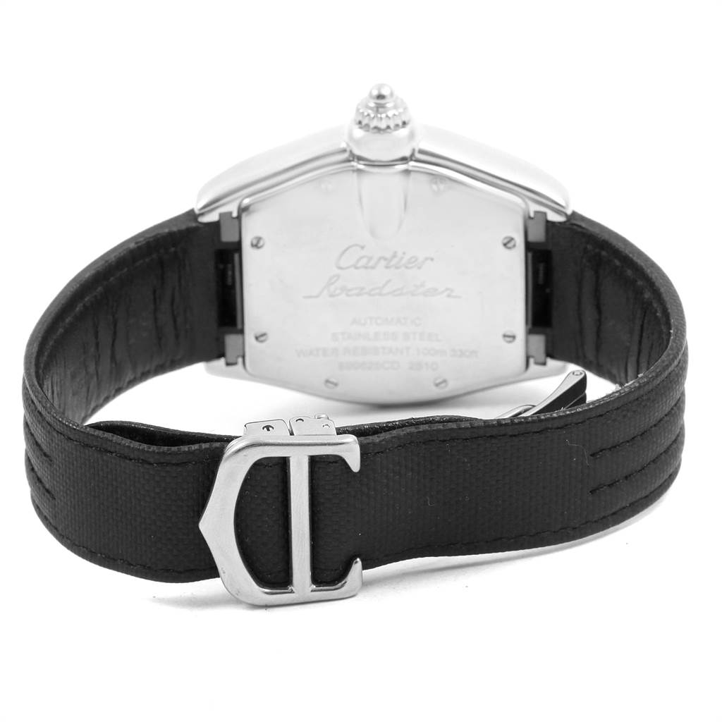 The image shows the back view of the Cartier Roadster W62002V3 Men's Stainless Steel Black Dial W62002V3 Men's Stainless Steel Black Dial watch, including the case back, crown, and part of the strap with a "C" clasp.
