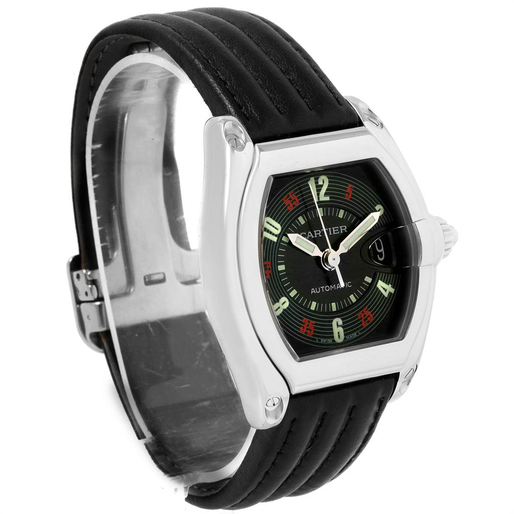 This image shows a Cartier Roadster W62002V3 Men's Stainless Steel Black Dial W62002V3 Men's Stainless Steel Black Dial watch from a side angle, displaying its black strap, case, and dial.