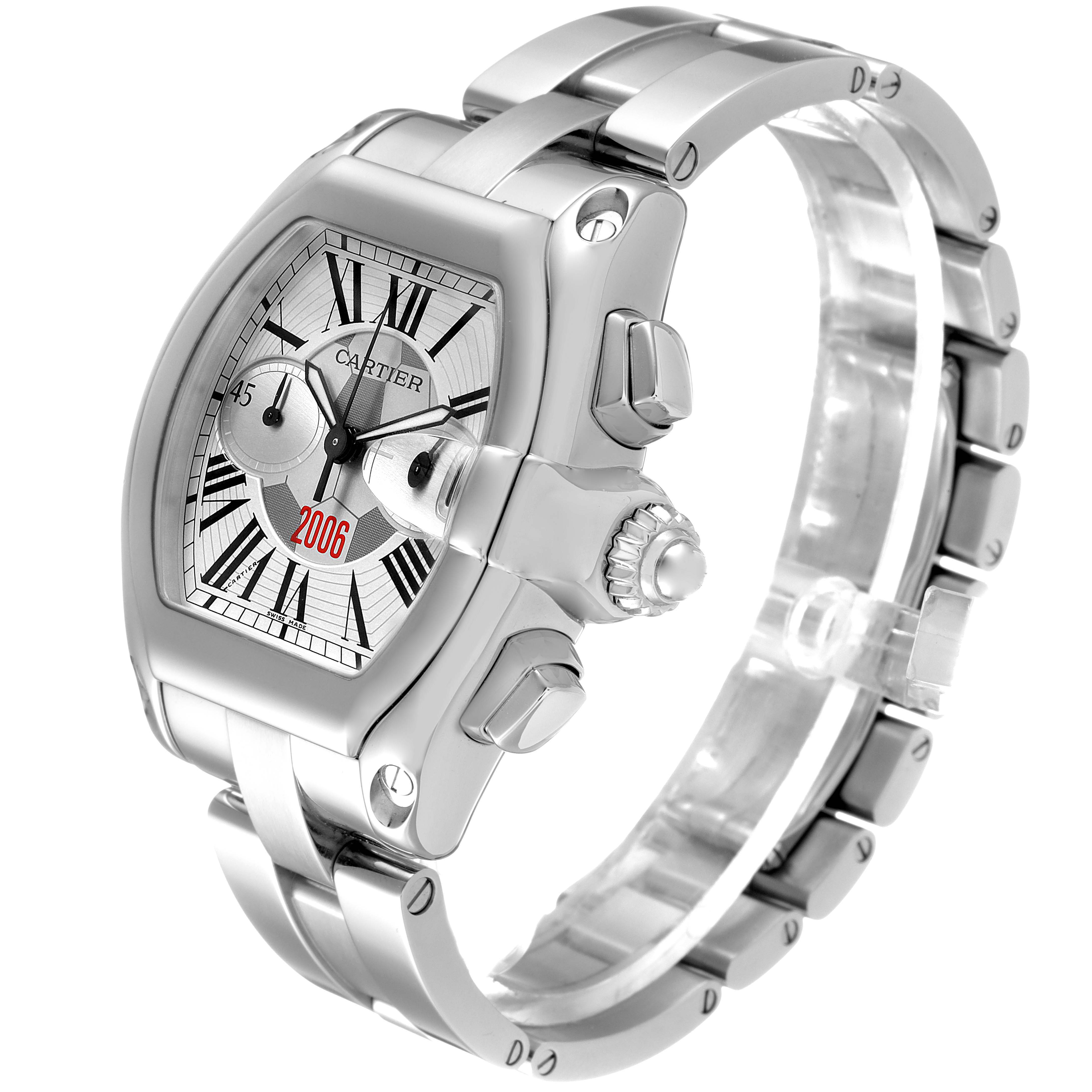 The Cartier Roadster W62044X6 Men's Stainless Steel Silver Dial W62044X6 Men's Stainless Steel Silver Dial watch is shown at a three-quarter angle, displaying the face, crown, and bracelet.