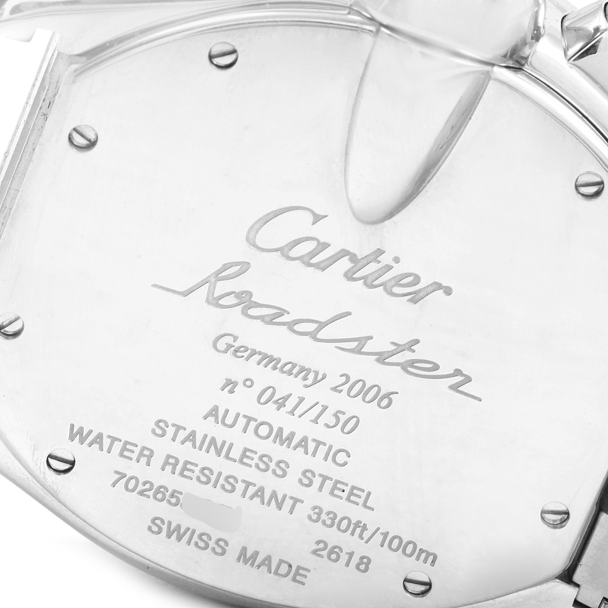 The image shows the back case of a Cartier Roadster W62044X6 Men's Stainless Steel Silver Dial W62044X6 Men's Stainless Steel Silver Dial watch, detailing its specifications and serial number.