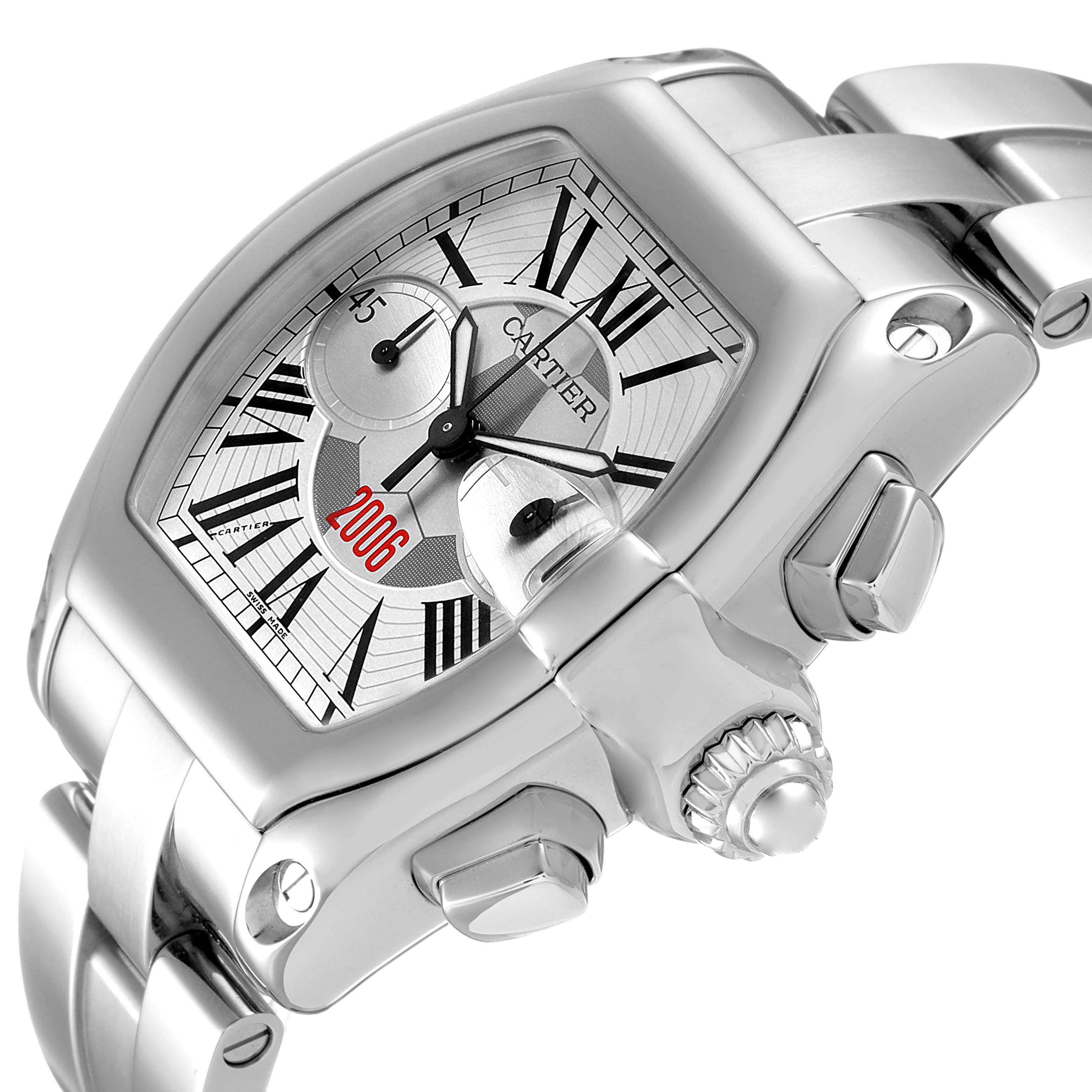 The image shows a close-up of the Cartier Roadster W62044X6 Men's Stainless Steel Silver Dial W62044X6 Men's Stainless Steel Silver Dial watch, focusing on its face, crown, and part of the bracelet.