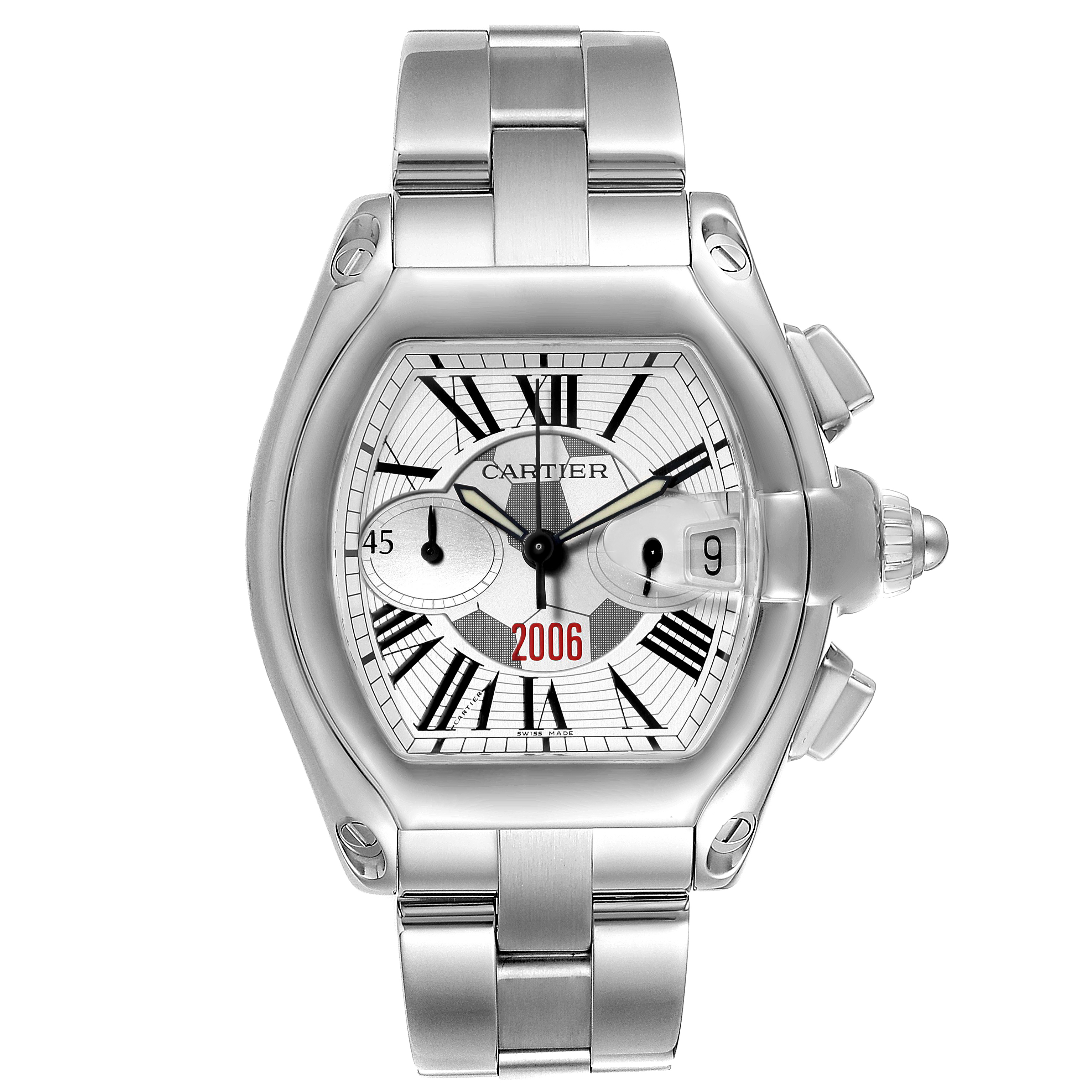 This image shows a frontal view of the Cartier Roadster W62044X6 Men's Stainless Steel Silver Dial W62044X6 Men's Stainless Steel Silver Dial model, displaying the entire watch face, crown, and part of the bracelet.