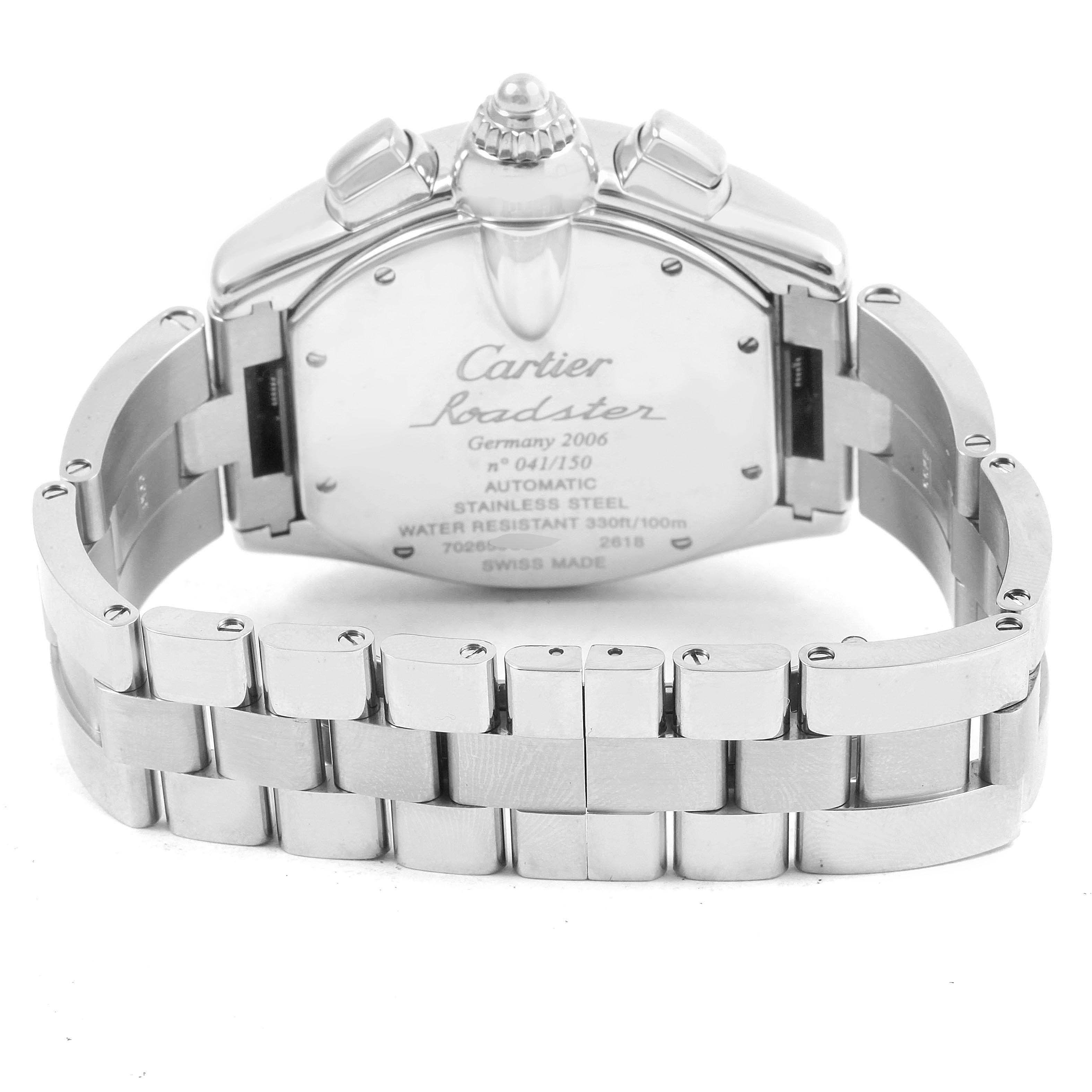 This image shows the back and bracelet of the Cartier Roadster W62044X6 Men's Stainless Steel Silver Dial W62044X6 Men's Stainless Steel Silver Dial watch, highlighting the engraved details on the case.