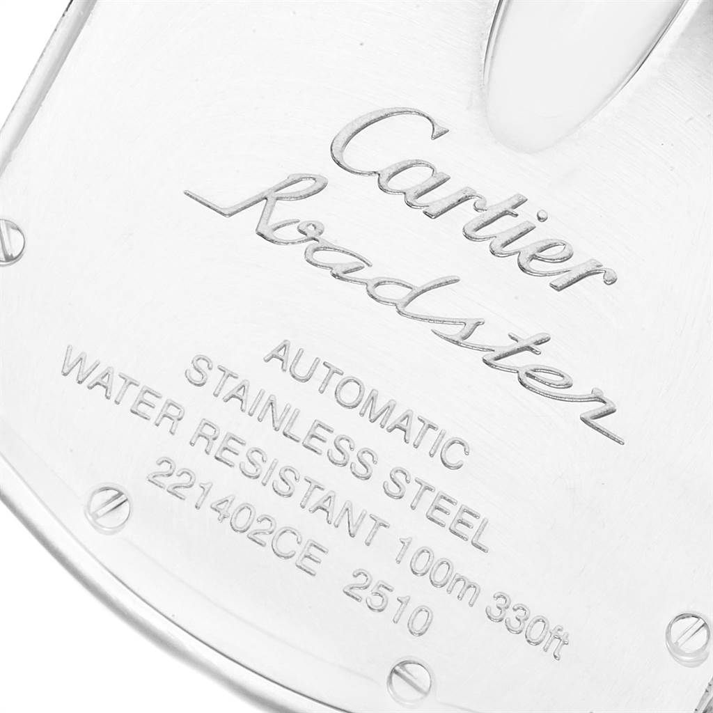 This is a close-up of the back of a Cartier Roadster W62002V3 Men
s Stainless Steel Black Dial W62002V3 Men
s Stainless Steel Black Dial watch showing its engravings and specifications.