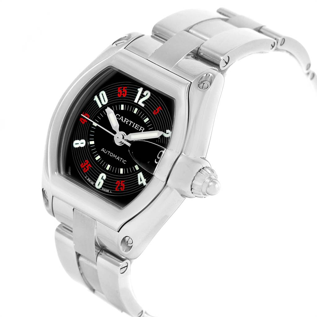 The Cartier Roadster W62002V3 Men
s Stainless Steel Black Dial W62002V3 Men
s Stainless Steel Black Dial watch is shown at an inclined angle, displaying the face, bezel, crown, and part of the bracelet.