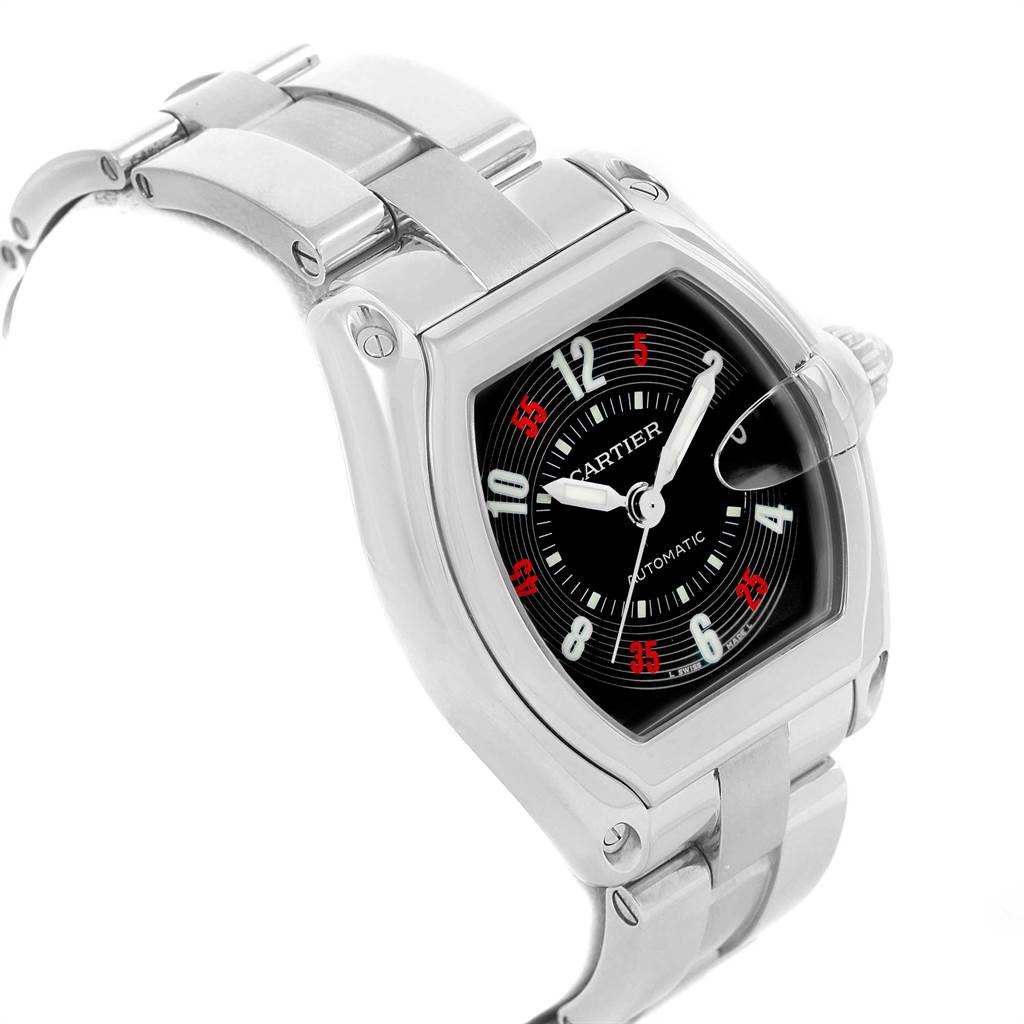 The image shows a Cartier Roadster W62002V3 Men
s Stainless Steel Black Dial W62002V3 Men
s Stainless Steel Black Dial watch, focusing on the dial, crown, and bracelet from an angled side view.