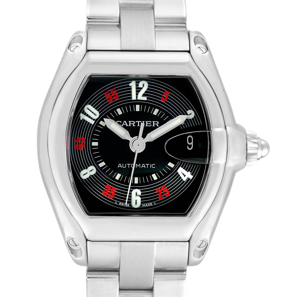 The image shows a front view of a Cartier Roadster W62002V3 Men
s Stainless Steel Black Dial W62002V3 Men
s Stainless Steel Black Dial watch, highlighting its dial, bezel, and part of the bracelet.