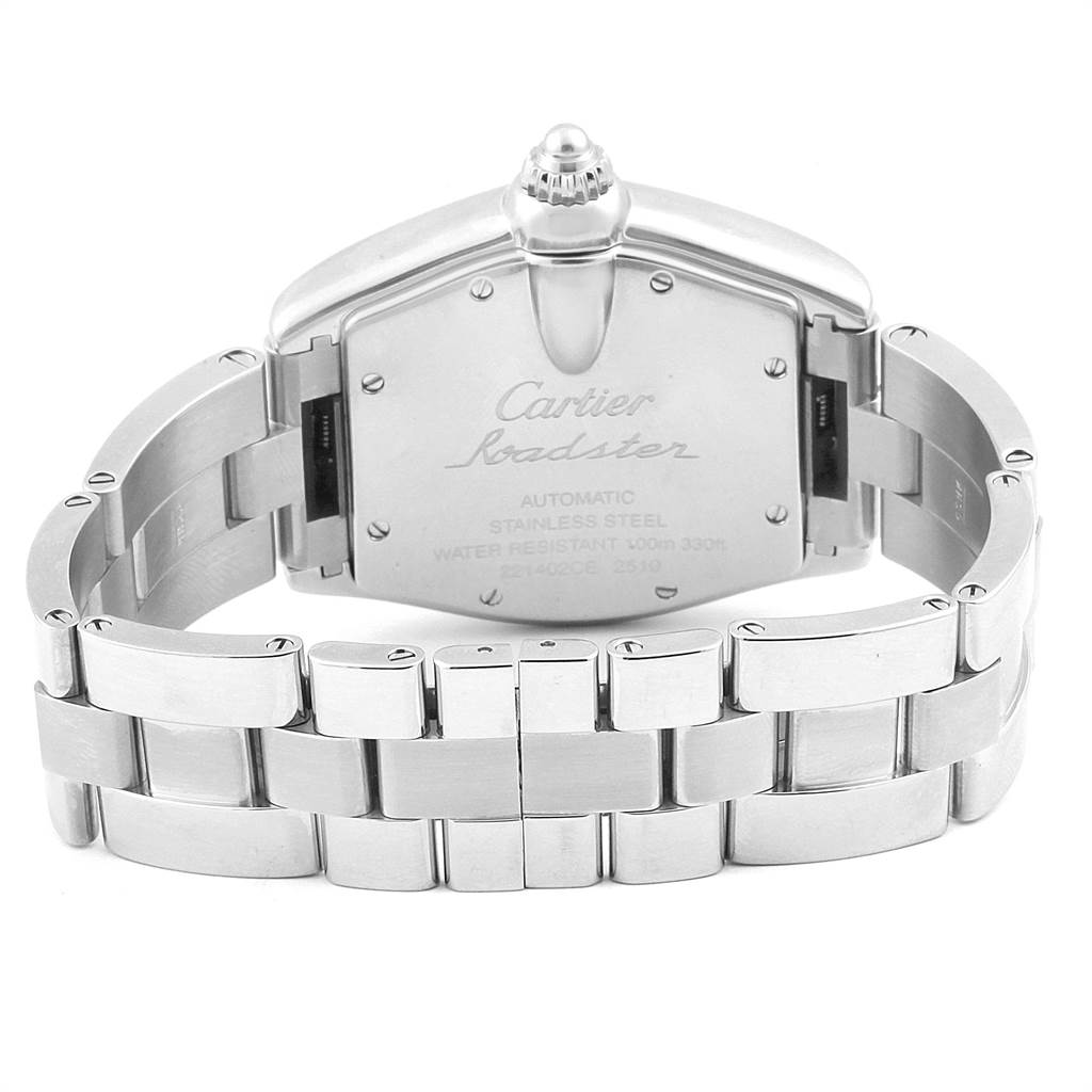 This image shows the back case and bracelet of a Cartier Roadster W62002V3 Men
s Stainless Steel Black Dial W62002V3 Men
s Stainless Steel Black Dial watch from a rear angle.