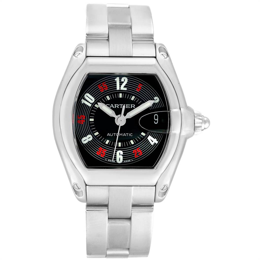 The image shows a head-on view of a Cartier Roadster W62002V3 Men
s Stainless Steel Black Dial W62002V3 Men
s Stainless Steel Black Dial watch, highlighting its dial, bracelet, and crown.