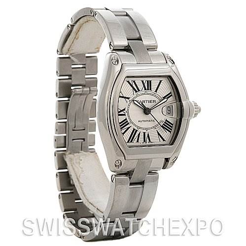 The image shows a Cartier Roadster W62025V3 Men's Stainless Steel Silver Dial W62025V3 Men's Stainless Steel Silver Dial watch at a side angle, highlighting the stainless steel case, bracelet, and Roman numeral dial.