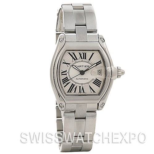 This image shows the front view of the Cartier Roadster W62025V3 Men's Stainless Steel Silver Dial W62025V3 Men's Stainless Steel Silver Dial watch, highlighting its silver bracelet, dial, and Roman numeral hour markers.