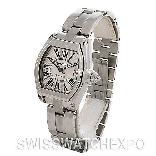 This image shows a Cartier Roadster W62025V3 Men's Stainless Steel Silver Dial W62025V3 Men's Stainless Steel Silver Dial watch angled to display its dial, bezel, crown, and metal bracelet.
