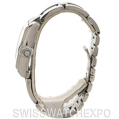 The image shows a side view of a Cartier Roadster W62025V3 Men's Stainless Steel Silver Dial W62025V3 Men's Stainless Steel Silver Dial watch, displaying the crown and metal bracelet.