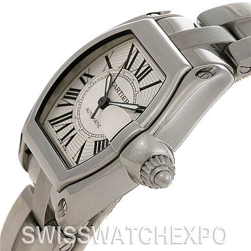 The image shows a Cartier Roadster W62025V3 Men's Stainless Steel Silver Dial W62025V3 Men's Stainless Steel Silver Dial watch at an angled close-up, highlighting the dial, crown, and part of the bracelet.