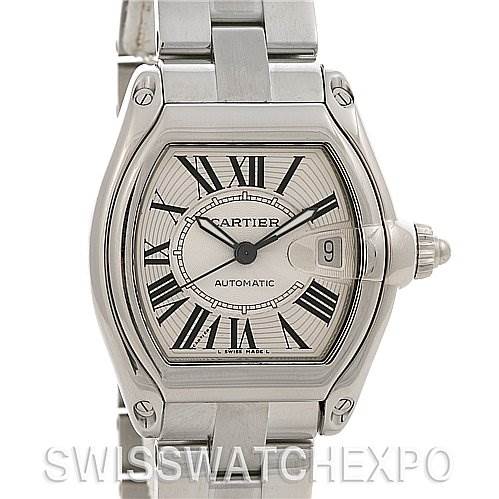 The image shows a full frontal view of the Cartier Roadster W62025V3 Men's Stainless Steel Silver Dial W62025V3 Men's Stainless Steel Silver Dial watch, including its dial, bezel, crown, and part of the bracelet.